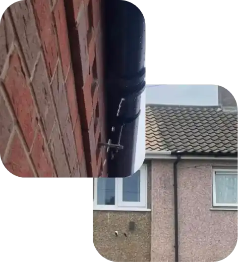 Close-up of a black downpipe connected to a brick wall, with a gray house and window visible in the background.