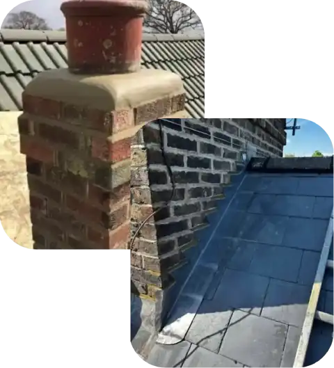 Two images of a chimney: the top shows a brick chimney with a clay pot, and the bottom features a slate roof and brick transition.