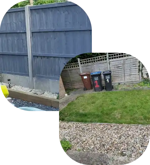 A split image showing a blue wooden fence and a yard with three bins: brown, blue, and black, next to a patch of grass and gravel.