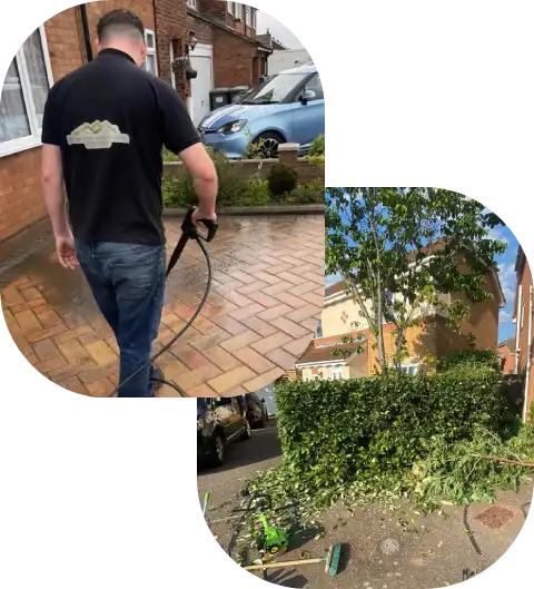 A man using a pressure washer on a brick driveway, with cut branches and a hedge in the foreground. A blue car is parked nearby.