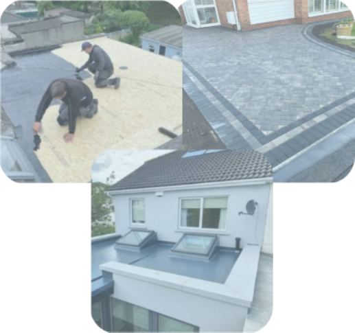 Collage showing two workers installing roofing, a completed modern driveway, and a house with a finished flat roof and skylights.